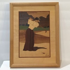 Wood marquetry lady golfing Art USA